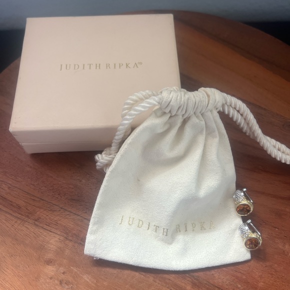 Judith Ripka JR TWO Sterling Silver 18K Gold Citrine & Diamond Huggie Earrings - Picture 12 of 12